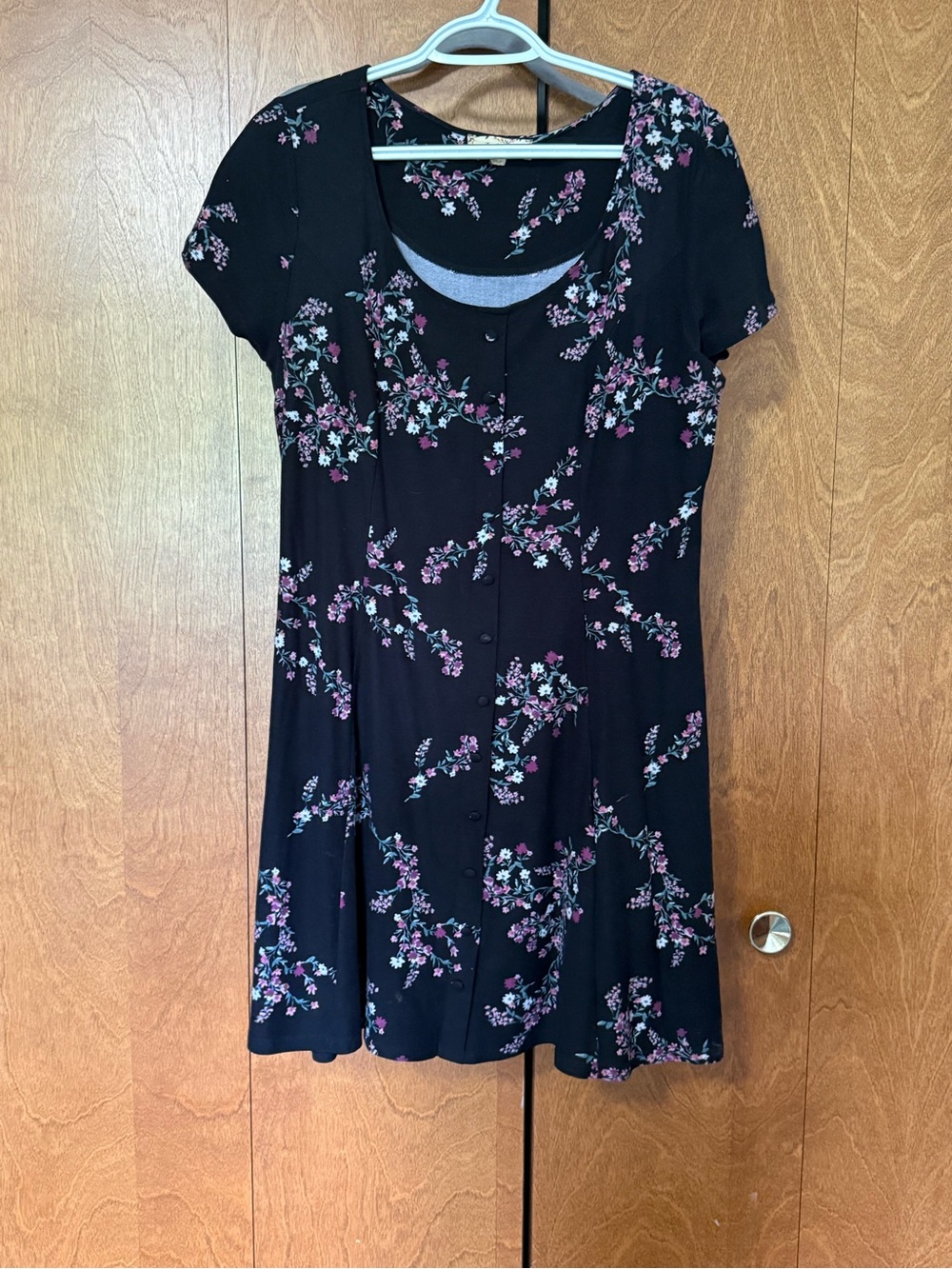 Pink Rose Black Floral Short Sleeve Faux Button Up Dress Size L